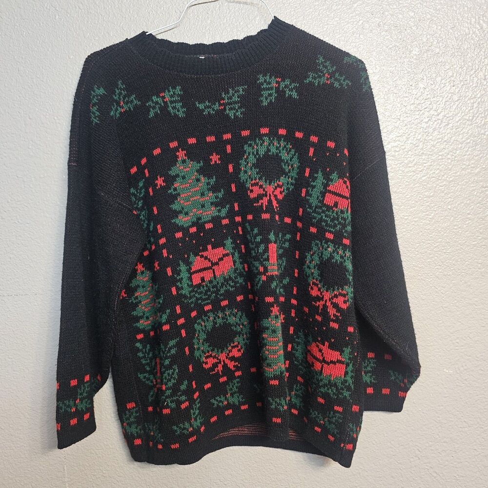 Vintage ADELE Knitwear Christmas Sweater Women's M Black Red Green Holiday AA849